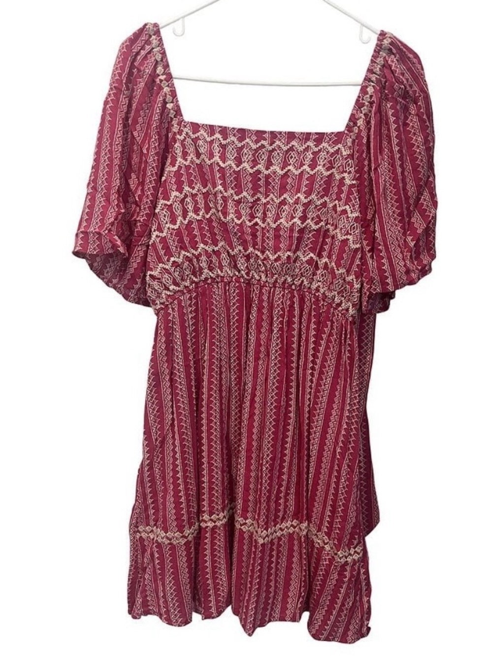 Pink Boho Smocked Square-Neck Women's Dress